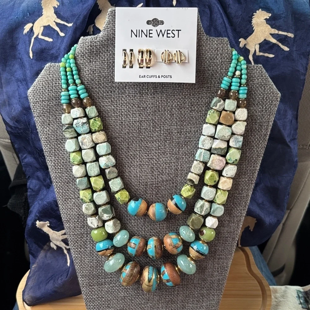 Vintage Navajo Green Turquoise Beaded Multi-Strand Necklace & Nine West Earrings